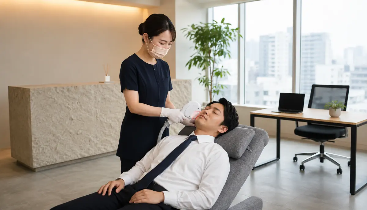 オフィスでヒゲ脱毛の施術を受ける男性社員